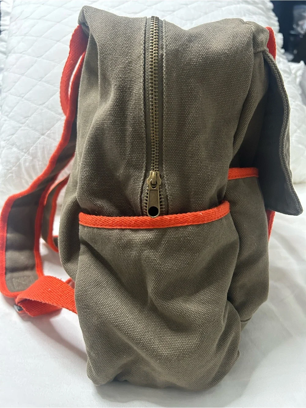 Unisex Canvas Backpack in Olive with Orange Accents